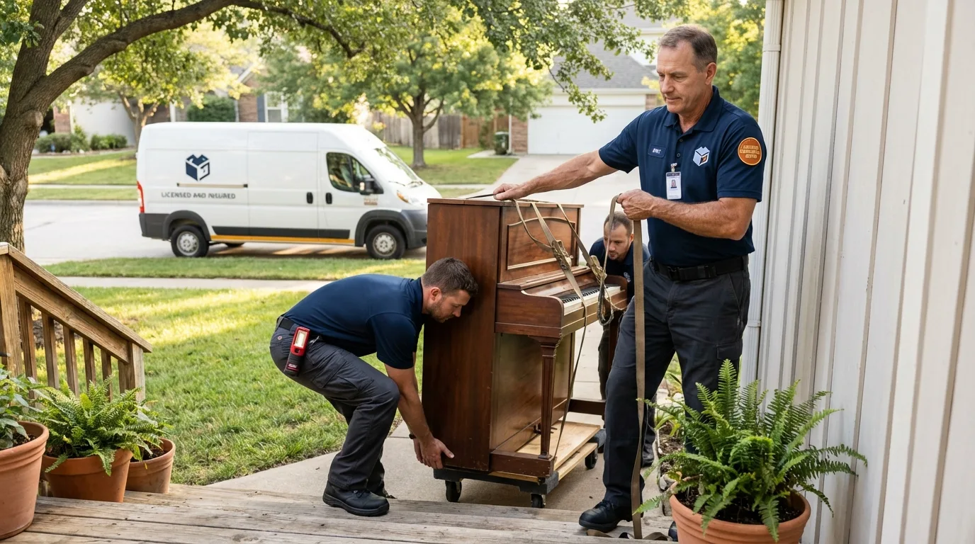 Licensed piano movers securing grand piano in South Burlington, VT