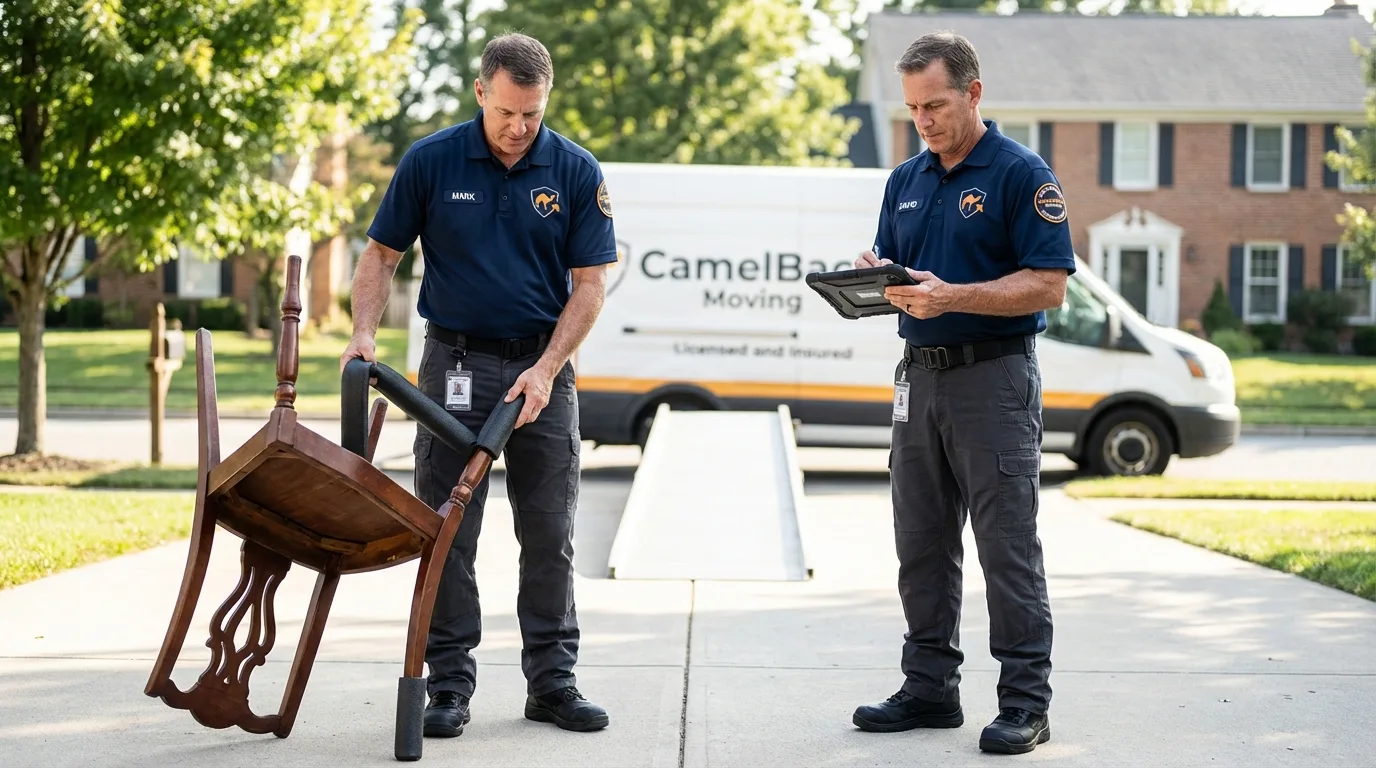 Movers inspecting furniture for damage prevention before loading in South Burlington, VT