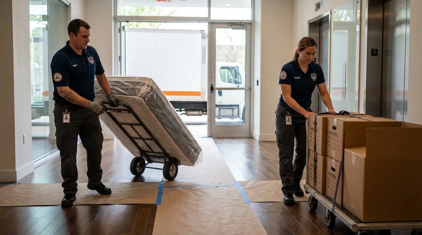 Professional apartment movers loading elevator in South Burlington, VT